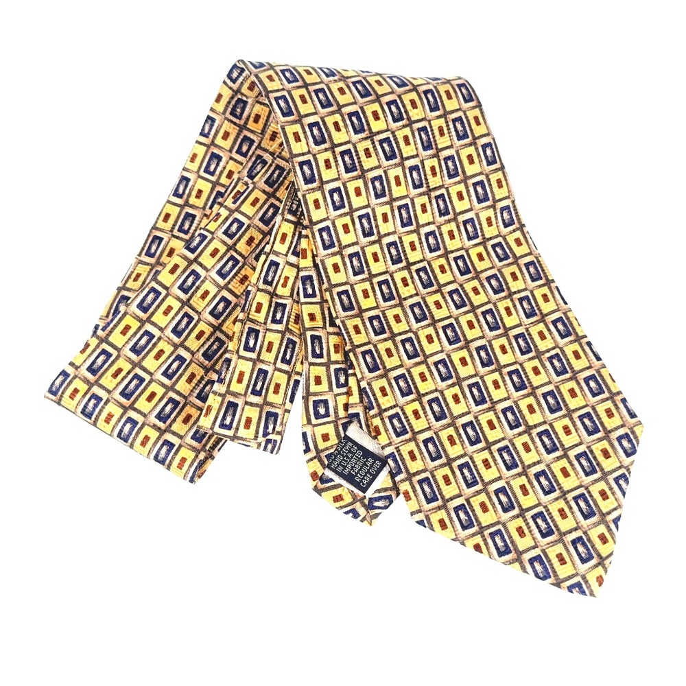 Roundtree & Yorke Silk Tie Yellow Blue Geometric Squares Classic Wide